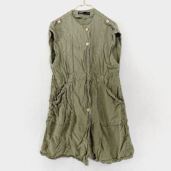 ZARA Khaki Army Green Short Sleeves Two Pockets Button Casual Dress P6069 - Picture 1 of 6
